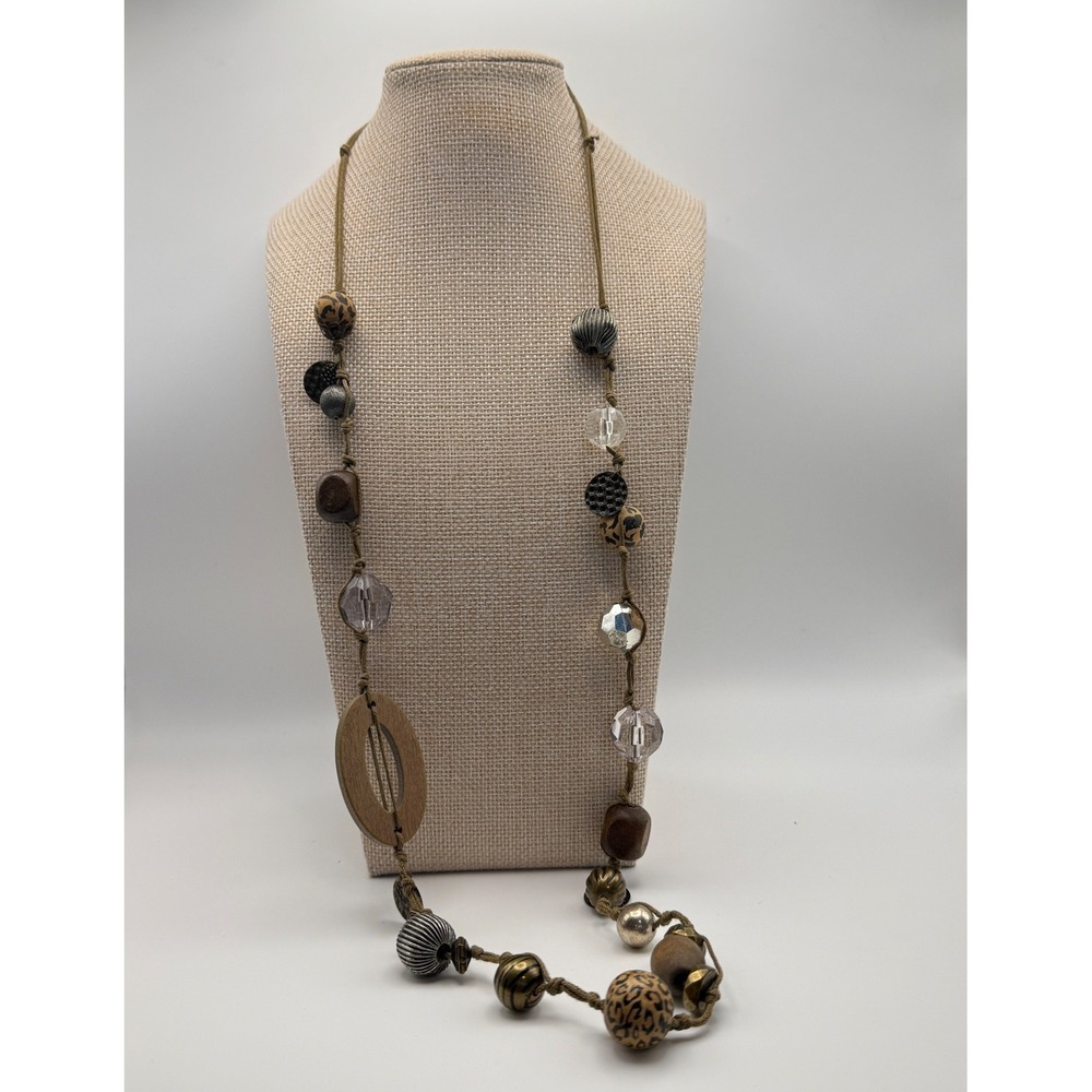 Mixed Media Boho Beaded Statement Necklace Leopard Wood Acrylic Bronze Tone